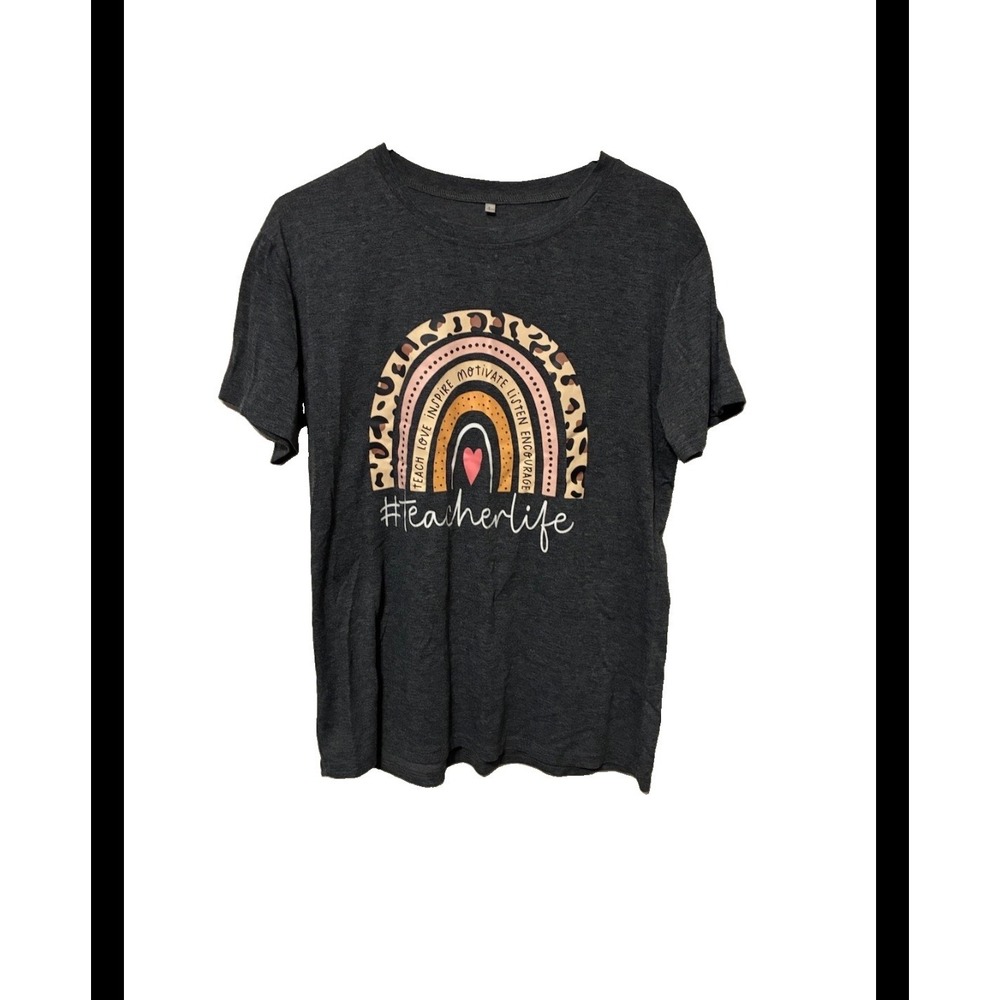 Teacher Life Rainbow Graphic Tee Heather Charcoal Grey Leopard Print Shirt Large